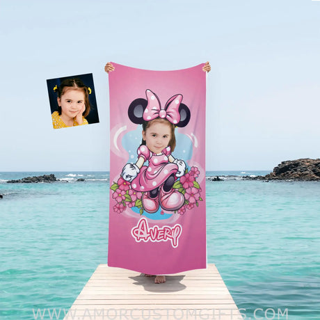 Towels Personalized Face & Name Summer Cartoon Mouse Pink Girl Beach Towel