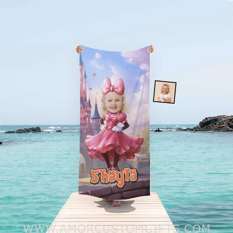 Towels Personalized Face & Name Summer Cartoon Mouse Pink Mini Castle Beach Towel