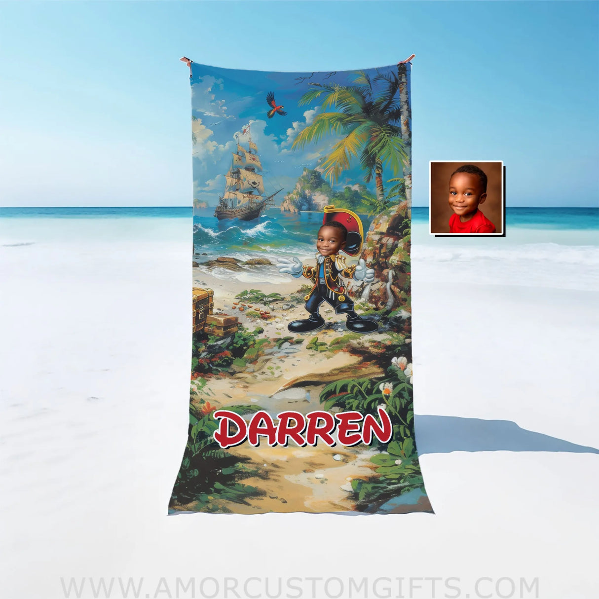 Personalized Face & Name Summer Cartoon Mouse Pirate Boy Beach Towel Towels