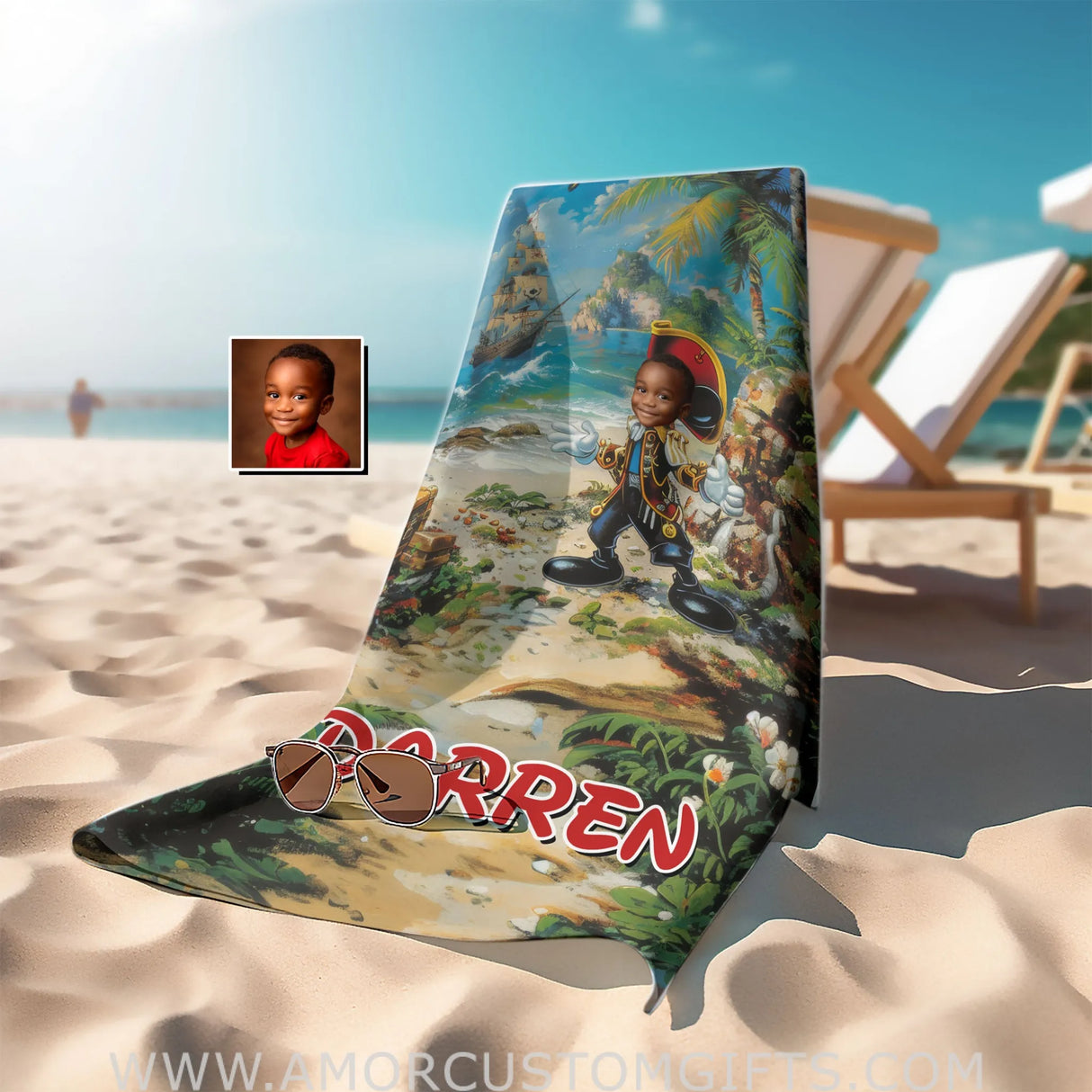 Personalized Face & Name Summer Cartoon Mouse Pirate Boy Beach Towel Towels