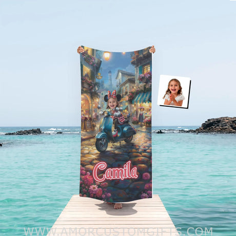 Personalized Face & Name Summer Cartoon Mouse Scooter Tour Girl Beach Towel Towels