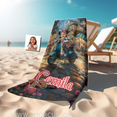 Personalized Face & Name Summer Cartoon Mouse Scooter Tour Girl Beach Towel Towels