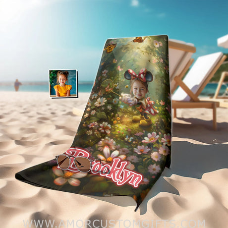 Personalized Face & Name Summer Cartoon Mouse’s Butterfly Garden Beach Towel Towels
