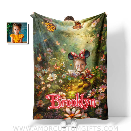 Personalized Face & Name Summer Cartoon Mouse’s Butterfly Garden Blanket Blankets