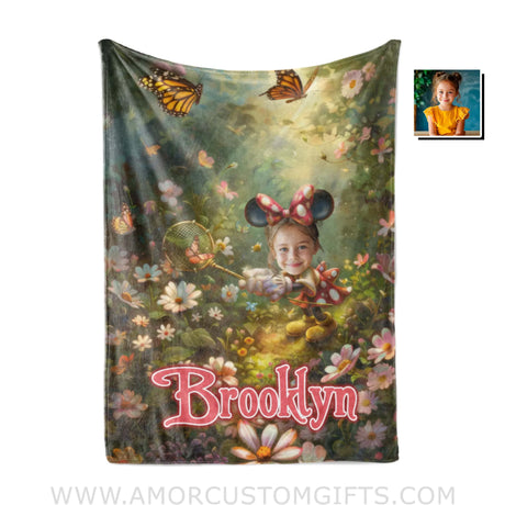Personalized Face & Name Summer Cartoon Mouse’s Butterfly Garden Blanket Blankets