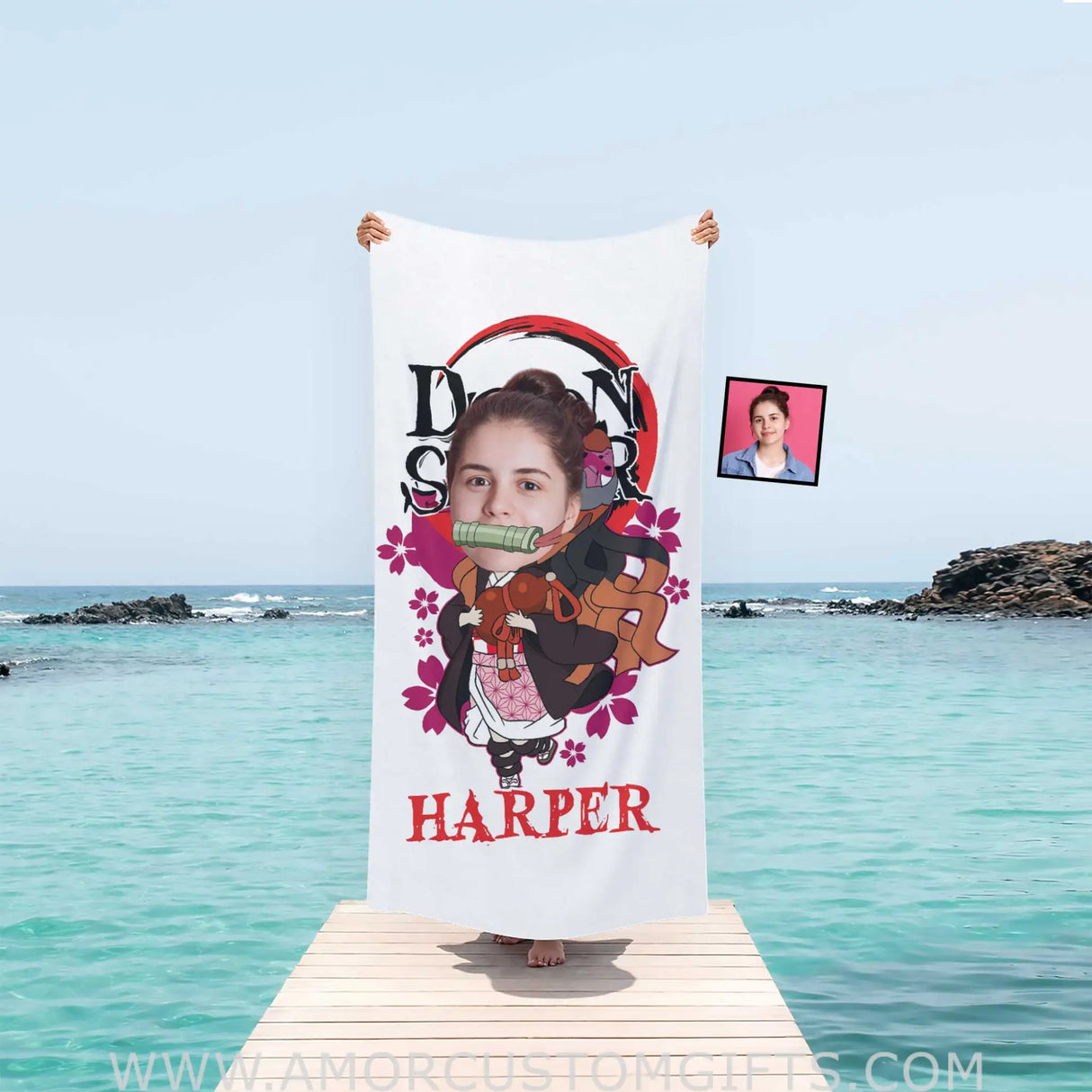Towels Personalized Face & Name Summer Demon Slayer Kamodo Nezuko Girl Beach Towel