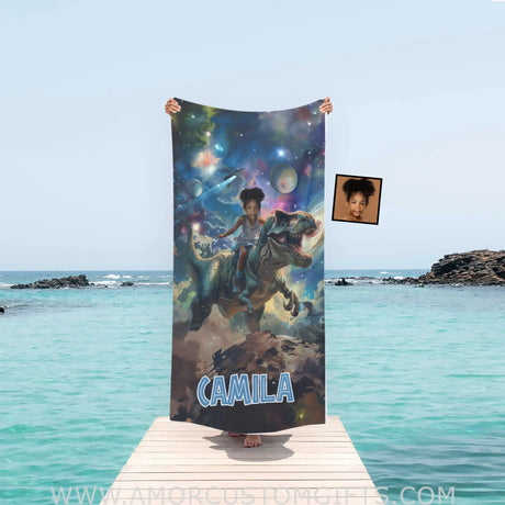 Towels Personalized Face & Name Summer Dino Trex Girl Galaxy Beach Towel