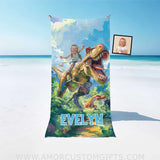 Towels Personalized Face & Name Summer Dino Trex Girl In The Forest Beach Towel