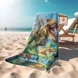 Towels Personalized Face & Name Summer Dino Trex Girl In The Forest Beach Towel