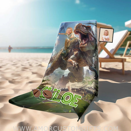 Towels Personalized Face & Name Summer Dino Trex Girl In Wild Forest Beach Towel