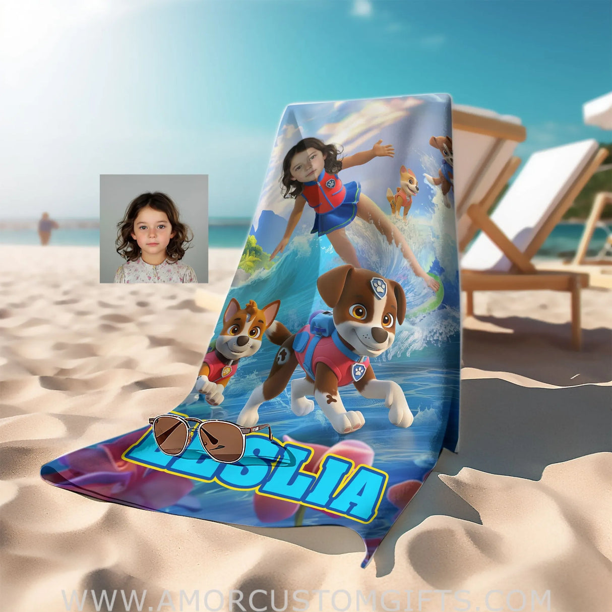 Towels Personalized Face & Name Summer Dog Patrol Puppies Adventure Summer Beach Surfing GIrl Beach Towel
