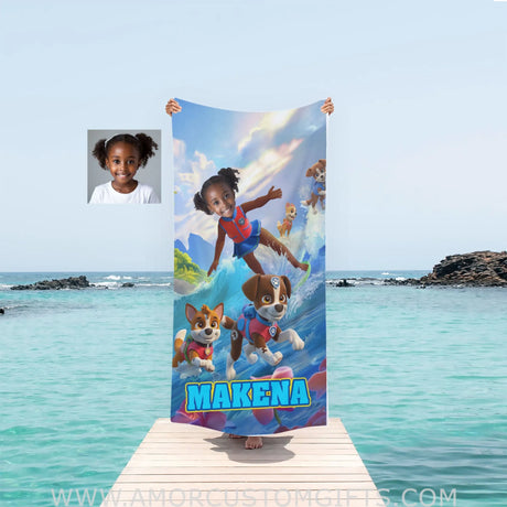 Towels Personalized Face & Name Summer Dog Patrol Puppies Adventure Summer Beach Surfing GIrl Beach Towel