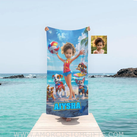 Towels Personalized Face & Name Summer Dog Patrol Puppies Adventure Summer Beach Surfing Girl