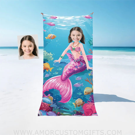 Towels Personalized Face & Name Summer Fashion Doll Barbie Mermaid Girl Beach Towel