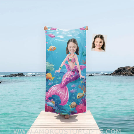 Towels Personalized Face & Name Summer Fashion Doll Barbie Mermaid Girl Beach Towel