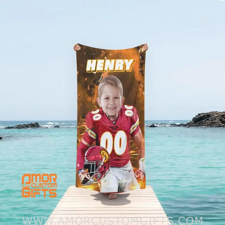 Towels Personalized Face & Name Summer Football Kansas City Chiefs Boy Beach Towel