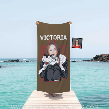Towels Personalized Face & Name Summer Gato Da Power Chainsaw Man Beach Towel