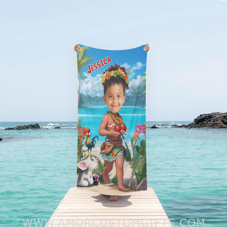 Towels Personalized Face & Name Summer Moana Princess Girl Beach Towel