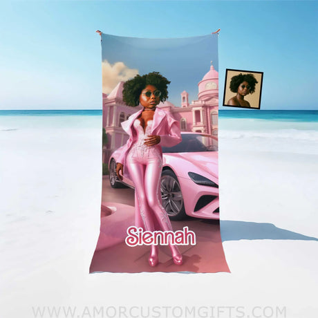 Towels Personalized Face & Name Summer Pink Fashion Doll Pink Classic Car Beach Towel