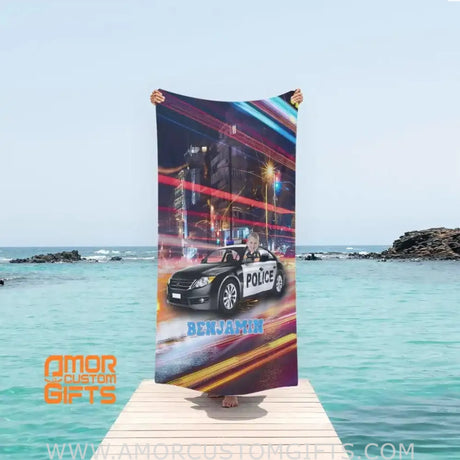 Towels Personalized Face & Name Summer Police Car Boy Beach Towel