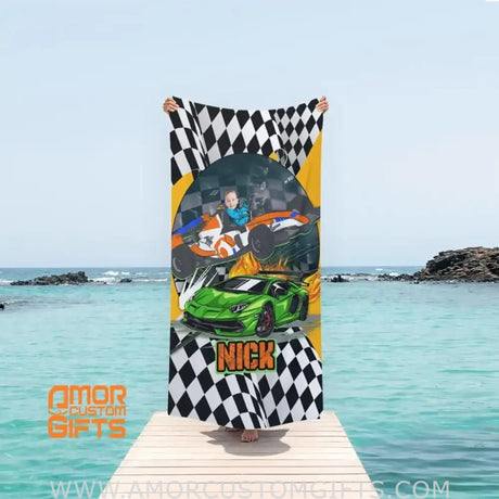 Towels Personalized Face & Name Summer Race Car Boy Beach Towel