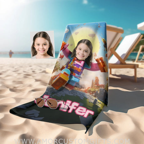 Towels Personalized Face & Name Summer Rolox Pink Girl Running Beach Towel