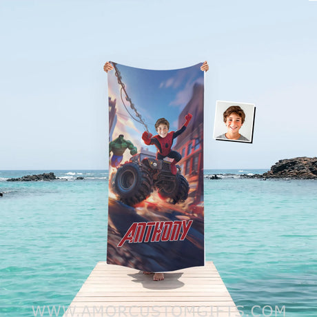Personalized Face & Name Summer Spider Boy And Green Monster Superhero Beach Towel Towels