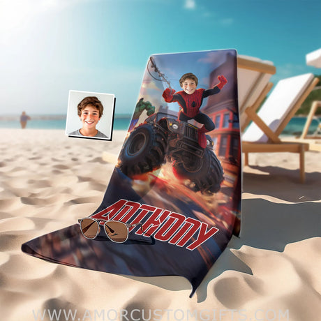 Personalized Face & Name Summer Spider Boy And Green Monster Superhero Beach Towel Towels