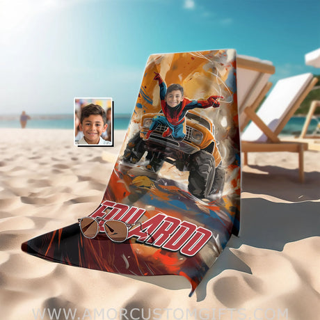 Personalized Face & Name Summer Spider Boy Monster Truck Watercolor Superhero Beach Towel Towels
