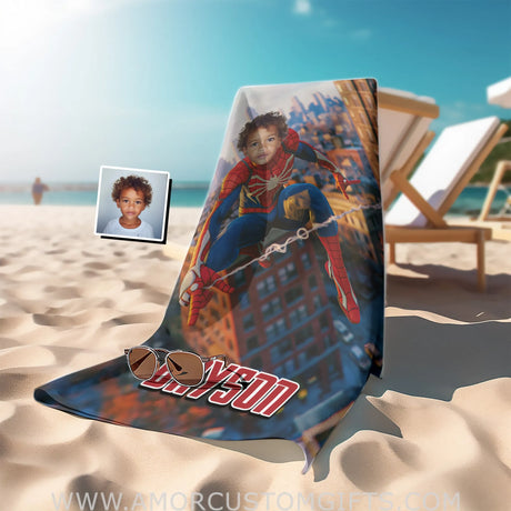 Personalized Face & Name Summer Spider Boy Swinging Superhero Beach Towel Towels