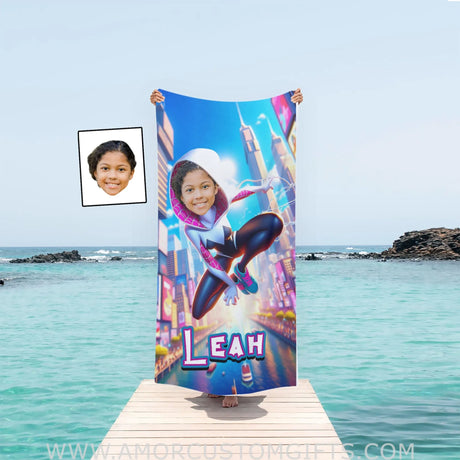 Towels Personalized Face & Name Summer Superhero Ghost Spider Girl Gwen In Bright City Photo Beach Towel