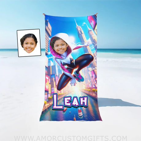 Towels Personalized Face & Name Summer Superhero Ghost Spider Girl Gwen In Bright City Photo Beach Towel