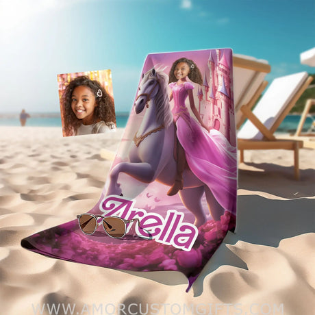 Towels Personalized Face & Name Summer Unicorn Girl Brown Barbie Inspired Princess In Pink Beach Towel
