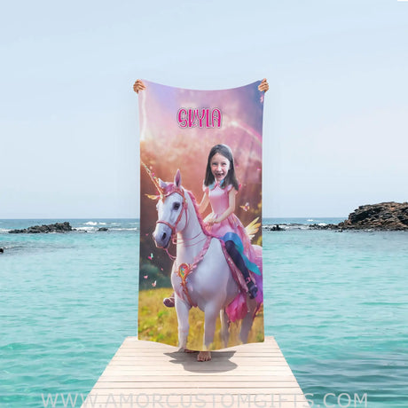 Towels Personalized Face & Name Summer Unicorn Girl Pink Dress Rainbow Beach Towel