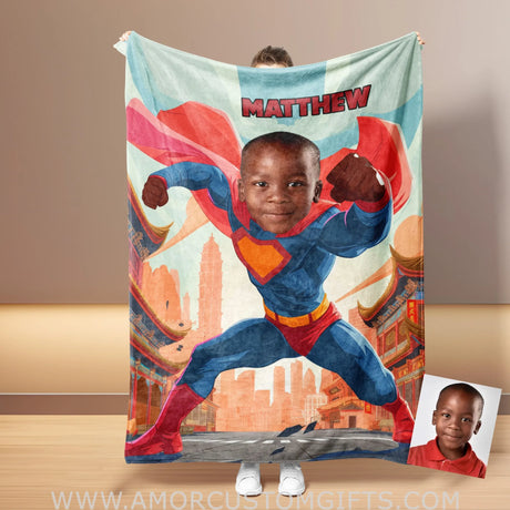 Personalized Face & Name Superhero Super Boy 5 Japanese City Blanket Blankets