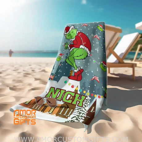 Towels Personalized Face & Name Xmas Grinch Boy Beach Towel