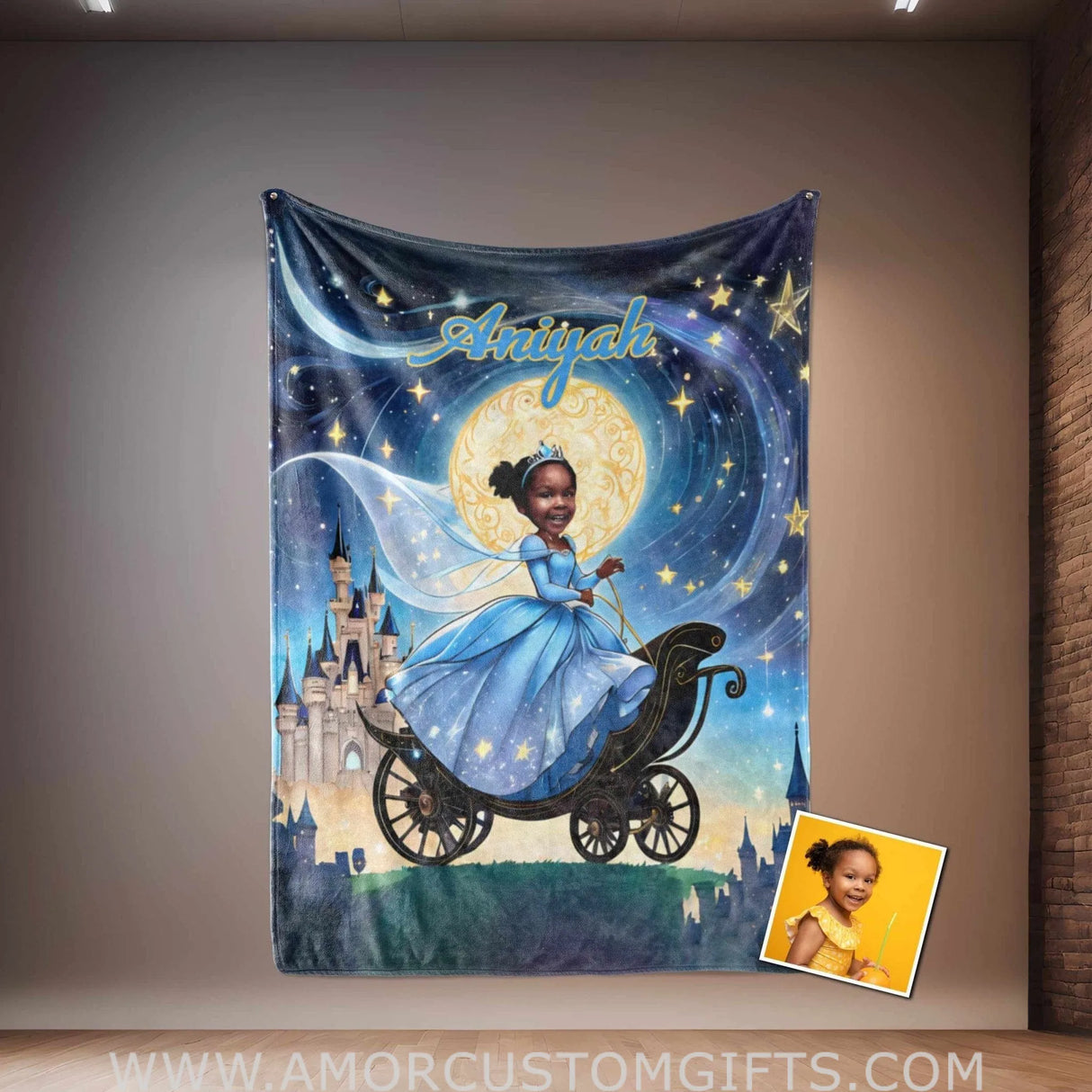 Blankets Personalized Fairy Tale African Black Cinderella Princess Blanket | Custom Name & Face Girl Princess Blanket