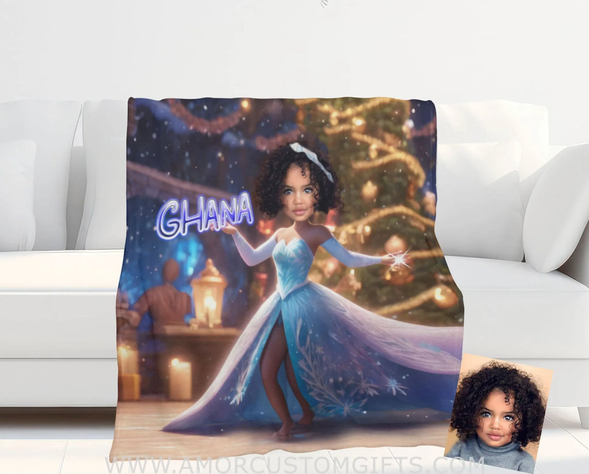 Blankets Personalized Fairy Tale African Black Elsa Princess Blanket | Custom Name & Face Girl Princess Blanket