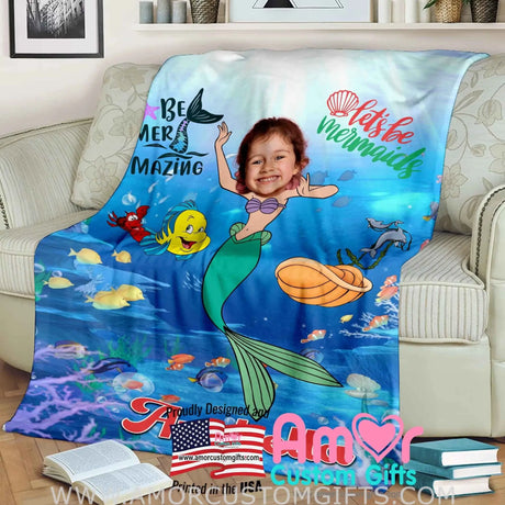 Blankets Personalized Fairy Tale Ariel Mermaid Princess Blanket | Custom Name & Face Girl Ariel Princess Blanket