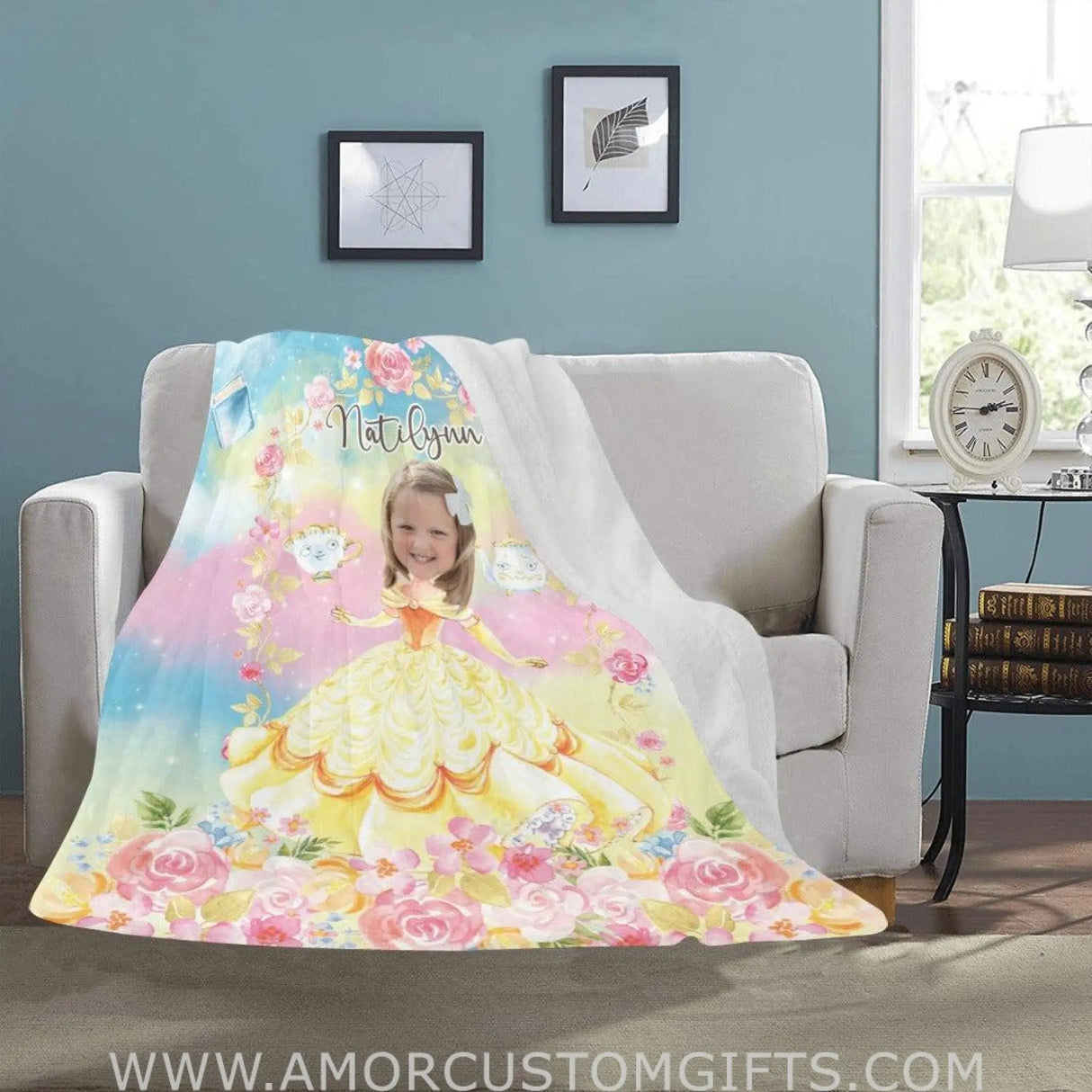 Blankets Personalized Fairy Tale Belle Princess Photo Blanket With Face | Custom Name & Face Belle Princess  Blanket