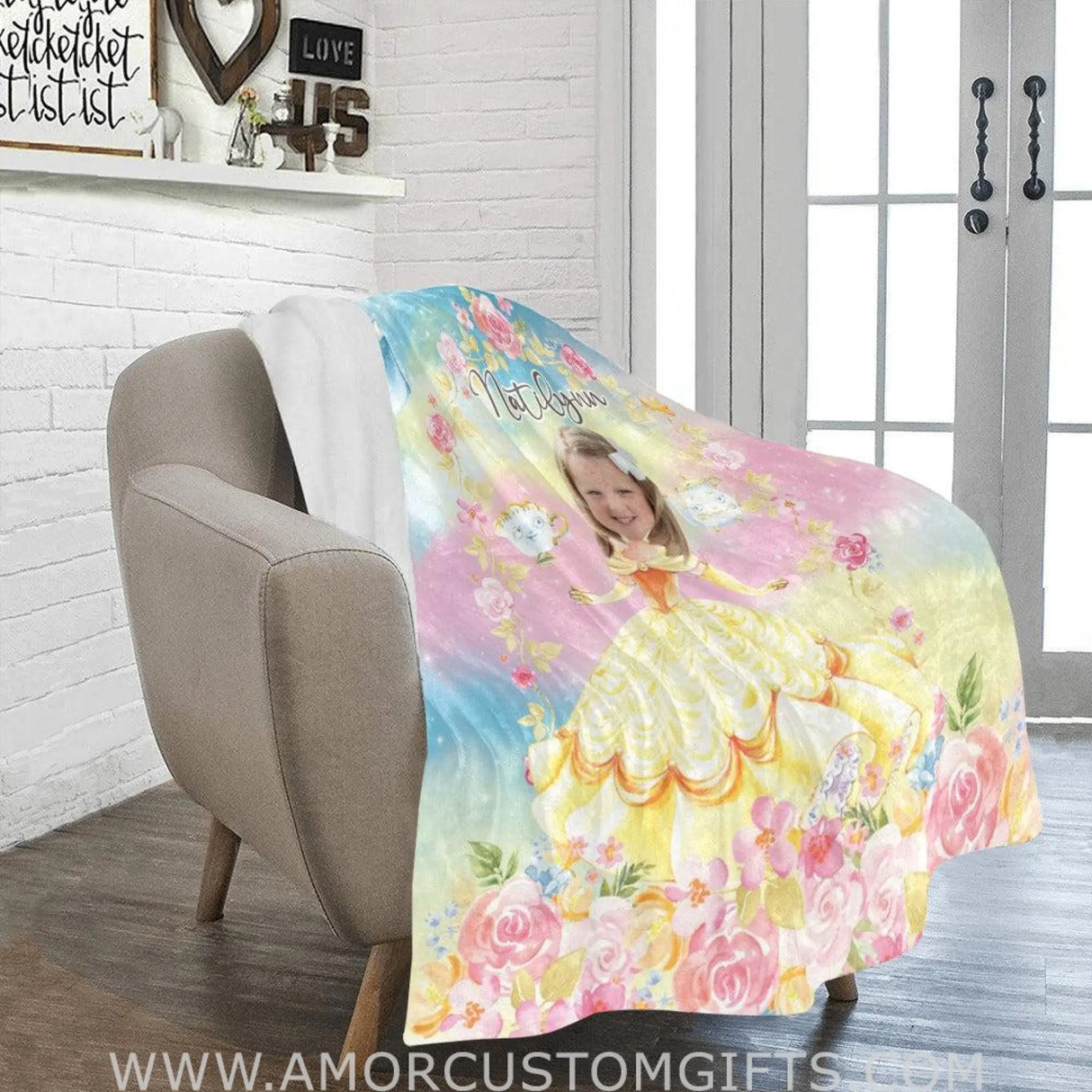 Blankets Personalized Fairy Tale Belle Princess Photo Blanket With Face | Custom Name & Face Belle Princess  Blanket