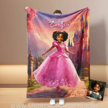Blankets Personalized Fairy Tale Black Aurora Sleeping Beauty 3 Photo Blanket | Custom Name & Face Girl Princess Blanket