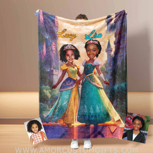 Blankets Personalized Fairy Tale Black Elsa Frozen Sister Princess Blanket | Custom Name & Face Girl Princess Blanket