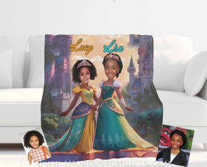 Blankets Personalized Fairy Tale Black Elsa Frozen Sister Princess Blanket | Custom Name & Face Girl Princess Blanket
