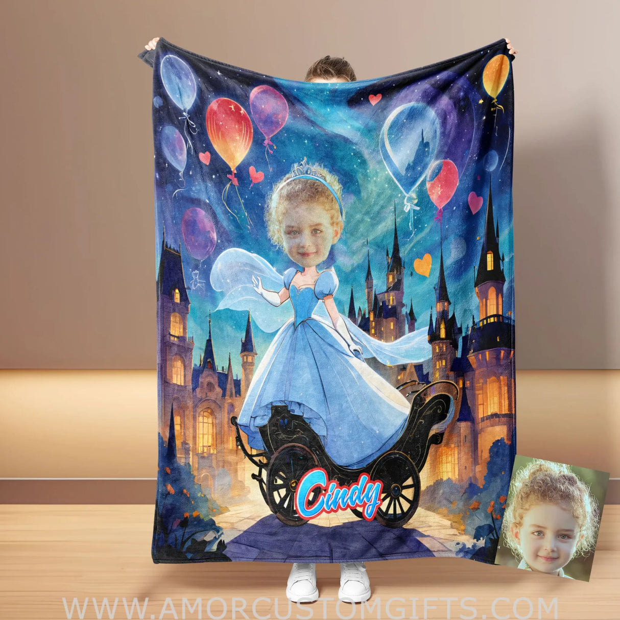 Blankets Personalized Fairy Tale Cinderella 5 Princess Blanket | Custom Name & Face Girl Princess Blanket