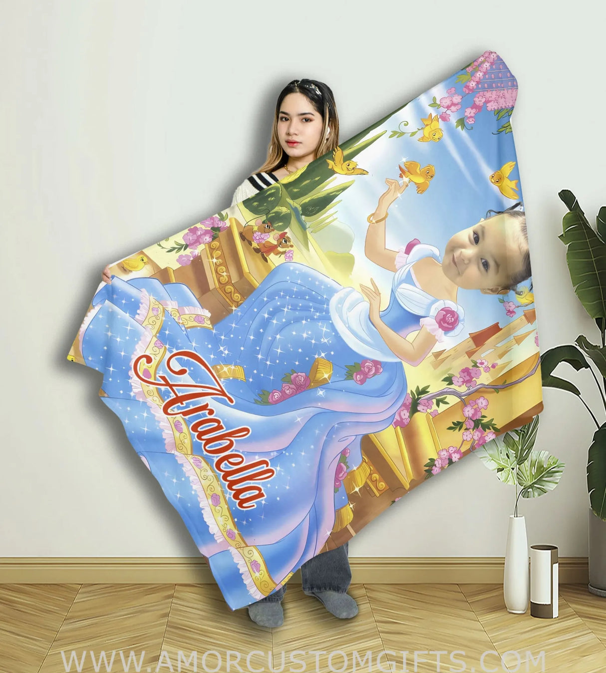 Blankets Personalized Fairy Tale Cinderella 9 Photo Blanket | Custom Name & Face Girl Blanket