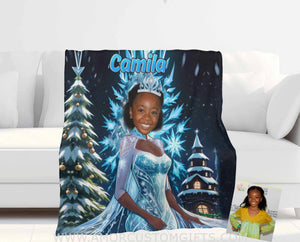 Blankets Personalized Fairy Tale Elsa Princess 15 Black African American Blanket | Custom Name & Face Girl Princess Blanket