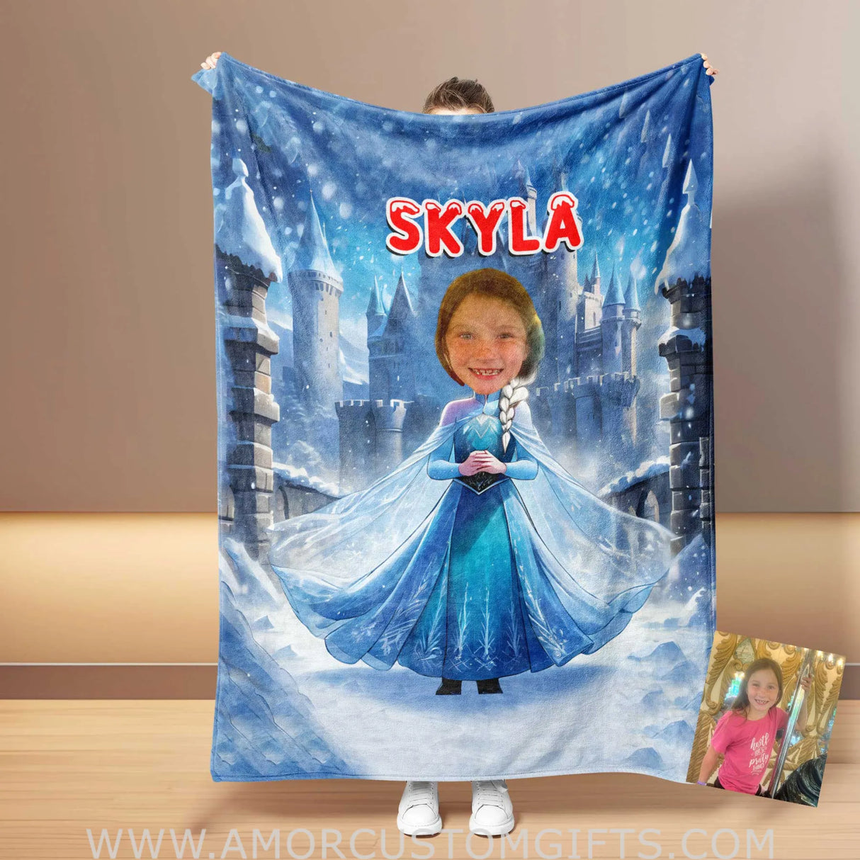 Blankets Personalized Fairy Tale Elsa Princess 7 Photo Blanket | Custom Name & Face Girl Princess Blanket