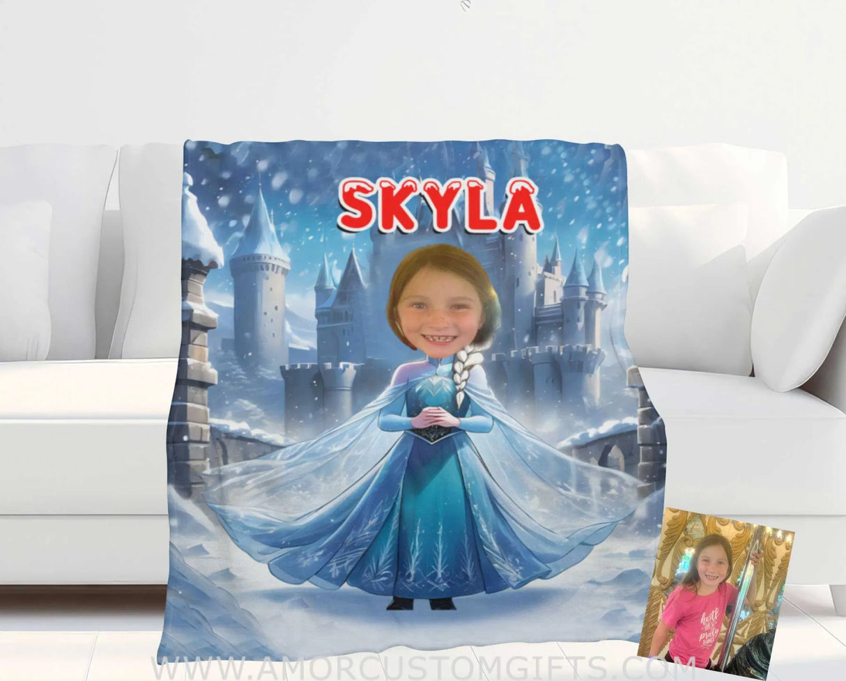 Blankets Personalized Fairy Tale Elsa Princess 7 Photo Blanket | Custom Name & Face Girl Princess Blanket