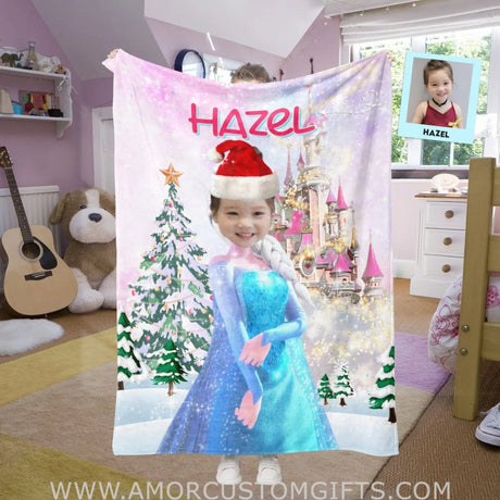 Blankets Personalized Fairy Tale Elsa Princess Christmas Blanket | Custom Face & Name Christmas Girl Blanket